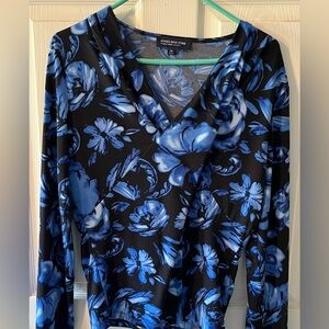 Jones New York Black and Blue Floral Wrap Blouse